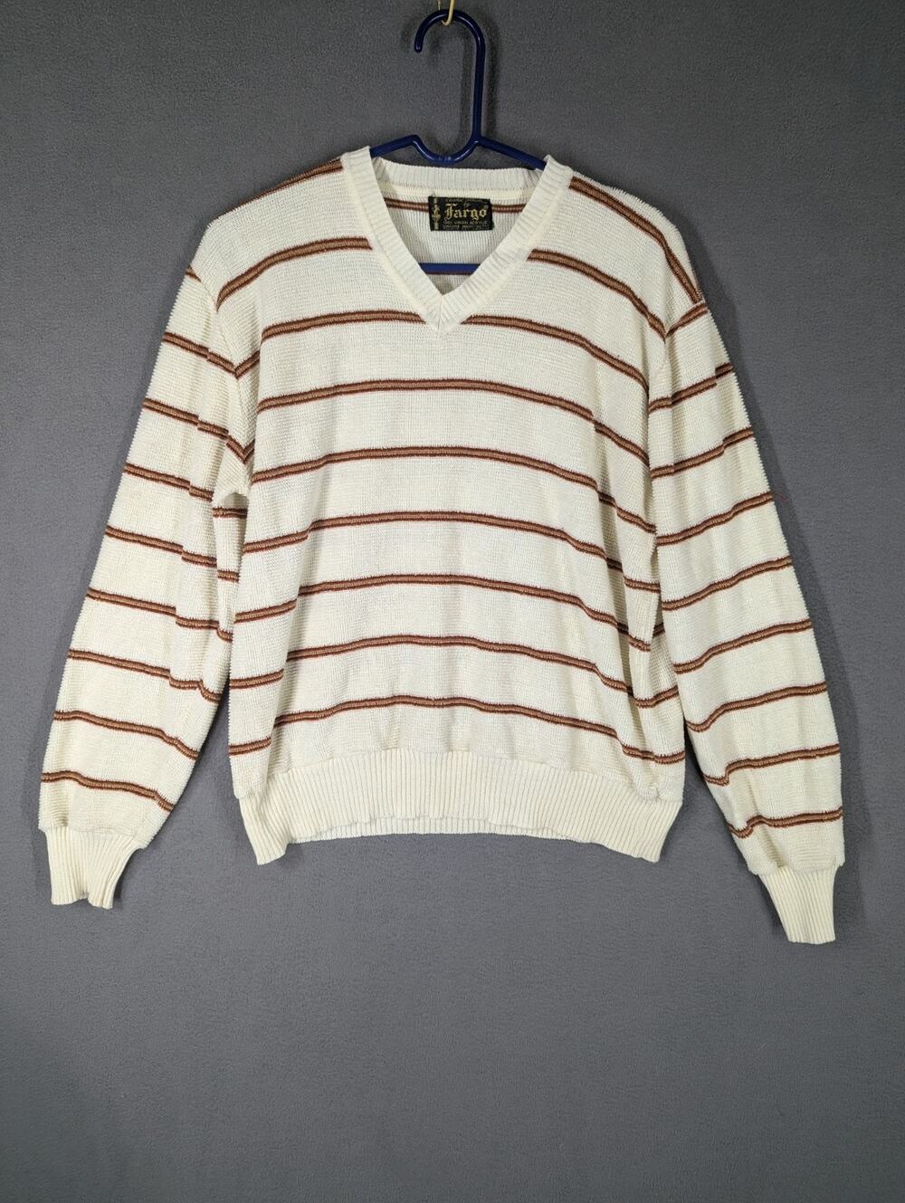 Vintage Fargo Sweater Mens Large White Brown Striped Acrylic